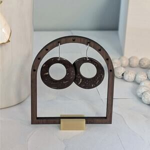 Nature-Inspired Vintage 1980s Pierced Earth-Tones Wood Open Disc Dangle Earrings